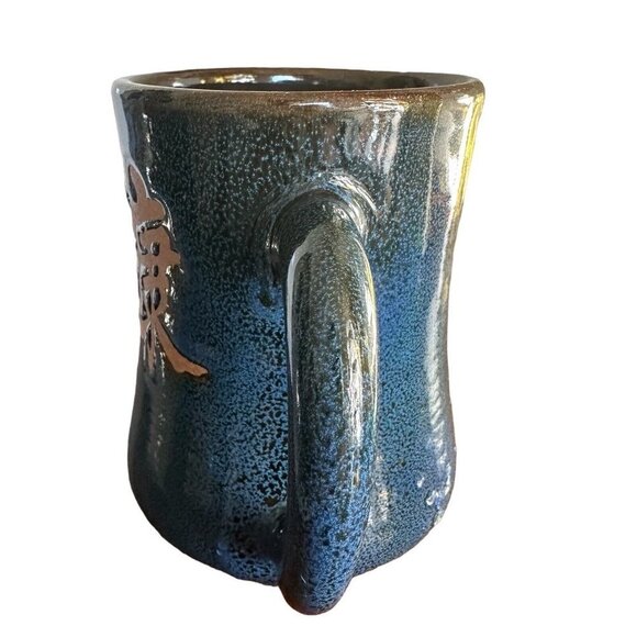 VTG Asian Cup Mug Stone Ware‎ Clay Hand Painted Blue Characters Letters Design - Picture 5 of 8
